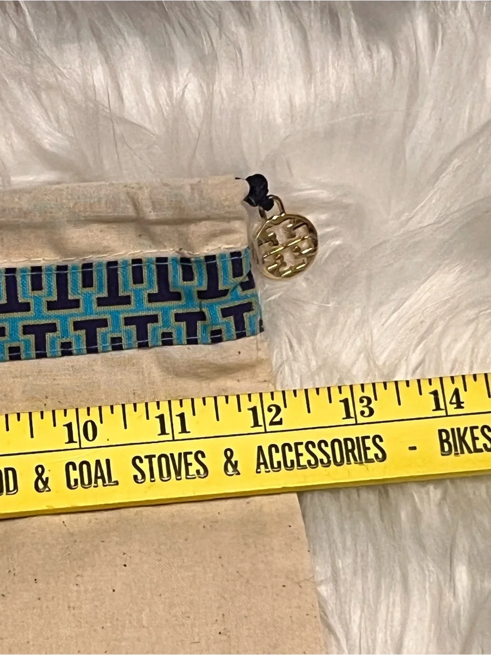 Tory Burch NWOT Canvas Drawstring Pouch with Blue Geometric Trim and gold logo